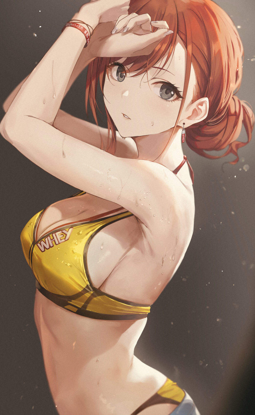 1girl arisugawa_natsuha armpits arms_up bangs bare_shoulders blush bracelet breasts cleavage commentary earrings face fingernails grey_background grey_eyes grey_nails hair_up highres idolmaster idolmaster_shiny_colors jewelry large_breasts long_hair looking_at_viewer nail_polish parted_lips red_hair sideboob sola_(solo0730) solo sports_bra sweat upper_body yellow_sports_bra