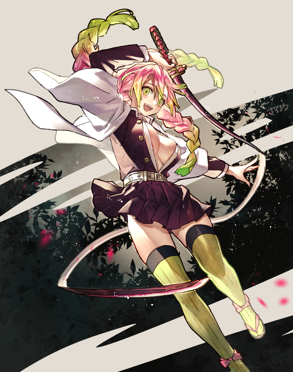 1girl :d bangs belt black_shirt black_skirt breasts full_body gradient_hair green_eyes green_hair green_legwear highres holding holding_sword holding_weapon jacket kanroji_mitsuri kimetsu_no_yaiba large_breasts long_hair long_sleeves looking_at_viewer mole mole_under_eye multicolored_hair open_clothes open_mouth open_shirt pink_hair pleated_skirt sakanahen sandals shirt skirt smile solo sword symbol_commentary thighhighs tri_braids very_long_hair weapon whip_sword white_jacket