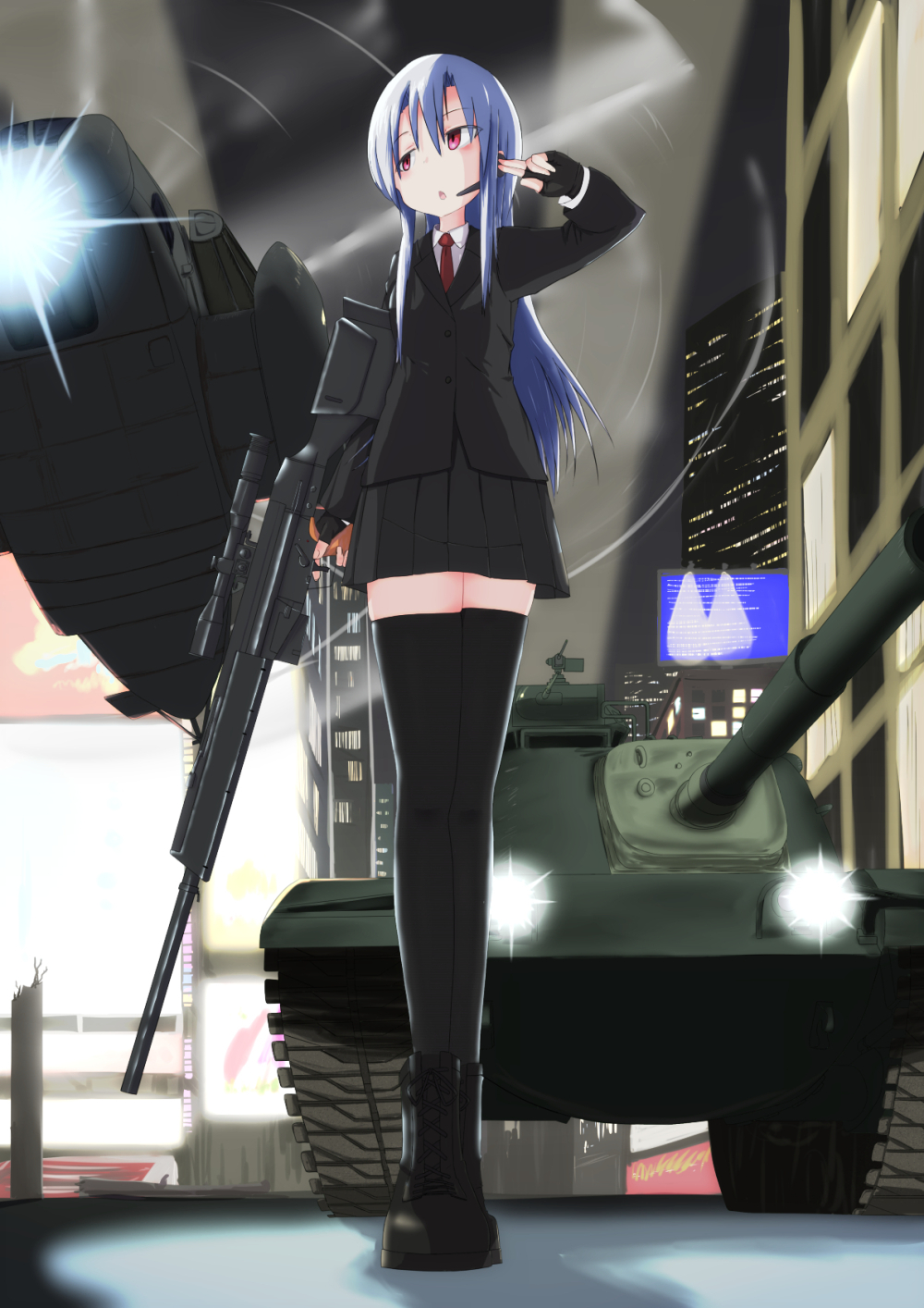 1girl aircraft breasts bridge building caterpillar_tracks earphones ground_vehicle gun h&amp;k_psg1 helicopter highres long_hair m60_main_battle_tank machine_gun military military_vehicle motor_vehicle necktie night night_sky open_mouth original red_eyes revision rifle skirt sky sniper_rifle tank traffic_light weapon white_hair zafuri_(yzrnegy)