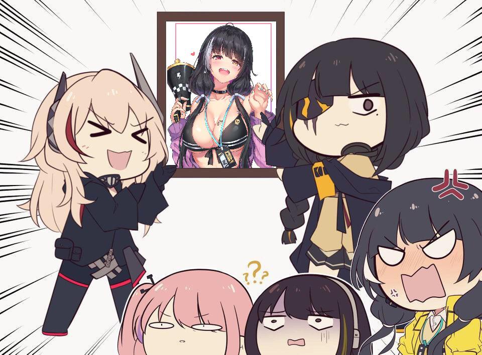 &gt;_&lt; 5girls anger_vein angry anti-rain_(girls_frontline) chibi closed_eyes commentary_request confused creepy_himecchi eyepatch girls_frontline headphones m16a1_(girls_frontline) m4_sopmod_ii_(girls_frontline) m4a1_(girls_frontline) multiple_girls photo_(object) ro635_(girls_frontline) scar scar_across_eye st_ar-15_(girls_frontline) third-party_edit translated