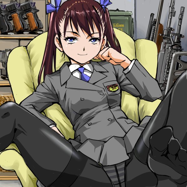 1girl black_legwear blue_eyes blue_neckwear breasts brown_eyes chair chin_rest closed_mouth commentary_request crotch_seam grey_jacket grey_skirt gun hair_ribbon jacket legs long_hair looking_at_viewer medium_breasts original panties panties_under_pantyhose pantyhose pleated_skirt ribbon rifle school_uniform shirt sitting skirt soles solo spread_legs striped striped_panties thighband_pantyhose twintails twintails_girl_(yuya) underwear weapon white_shirt yuya