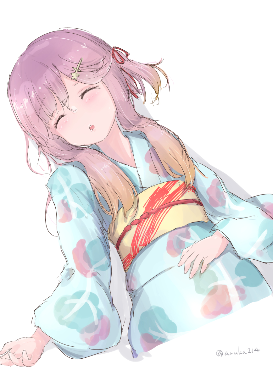 1girl alternate_costume aruka blue_kimono closed_eyes cowboy_shot floral_print gradient_hair hair_ornament hairclip highres japanese_clothes kantai_collection kimono long_hair multicolored_hair orange_hair purple_hair sidelocks simple_background sleeping solo tsushima_(kantai_collection) white_background yukata