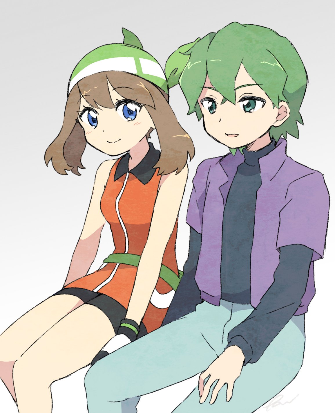 1boy 1girl bangs bike_shorts blue_eyes brown_hair closed_mouth commentary_request drew_(pokemon) eye_contact eyebrows_visible_through_hair eyelashes fanny_pack gloves green_bandana green_eyes green_hair green_pants highres jacket looking_at_another may_(pokemon) n8dc9o pants parted_lips pokemon pokemon_(anime) pokemon_rse_(anime) purple_jacket short_sleeves smile