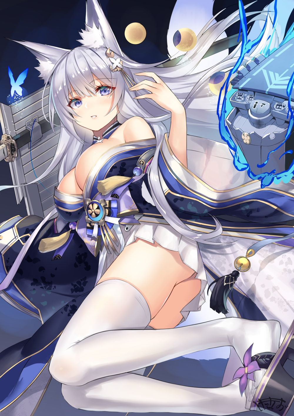 1girl animal_ear_fluff animal_ears azur_lane bare_shoulders black_kimono breasts bug butterfly cleavage detached_collar flight_deck floating_hair fox_ears fox_girl hair_ornament hand_up highres insect japanese_clothes katana kimono large_breasts long_hair long_sleeves looking_at_viewer machinery miniskirt moon moon_phases off-shoulder_kimono off_shoulder parted_lips platform_footwear pleated_skirt purple_eyes sheath sheathed shimozuki_shio shinano_(azur_lane) silver_hair skirt solo sword thighhighs thighs weapon white_legwear white_skirt wide_sleeves zettai_ryouiki zouri