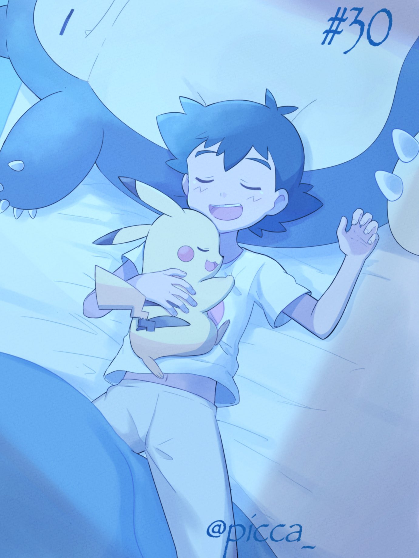 1boy artist_name ash_ketchum black_hair character_doll closed_eyes fingernails from_above gen_1_pokemon hashtag highres indoors lying mei_(maysroom) night number on_back open_mouth pants pikachu pokemon pokemon_(anime) pokemon_swsh_(anime) shirt short_hair short_sleeves sleeping snorlax t-shirt teeth tongue watermark