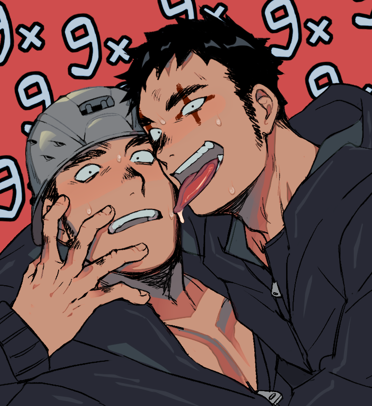 2boys aikawa_(dorohedoro) backwards_hat bara black_eyes black_hair cheek_licking chest clone dorohedoro face_licking facial_hair facial_mark hand_on_another's_face hat hood hoodie licking looking_at_viewer male_focus manly multiple_boys muscle open_clothes open_hoodie saliva saturday_(hokawazu) selfcest short_hair sideburns sweat teeth upper_body
