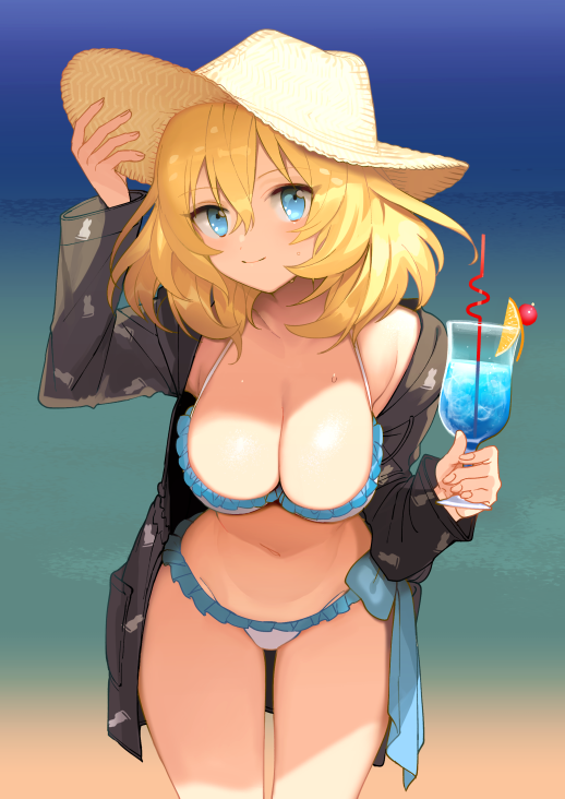 1girl beach bikini blonde_hair blue_eyes blue_hawaii breasts cleavage cocktail cowboy_shot girls_und_panzer hat large_breasts leaning_forward long_hair looking_at_viewer oshida_(girls_und_panzer) smile solo standing sun_hat swimsuit tan3charge tropical_drink white_bikini