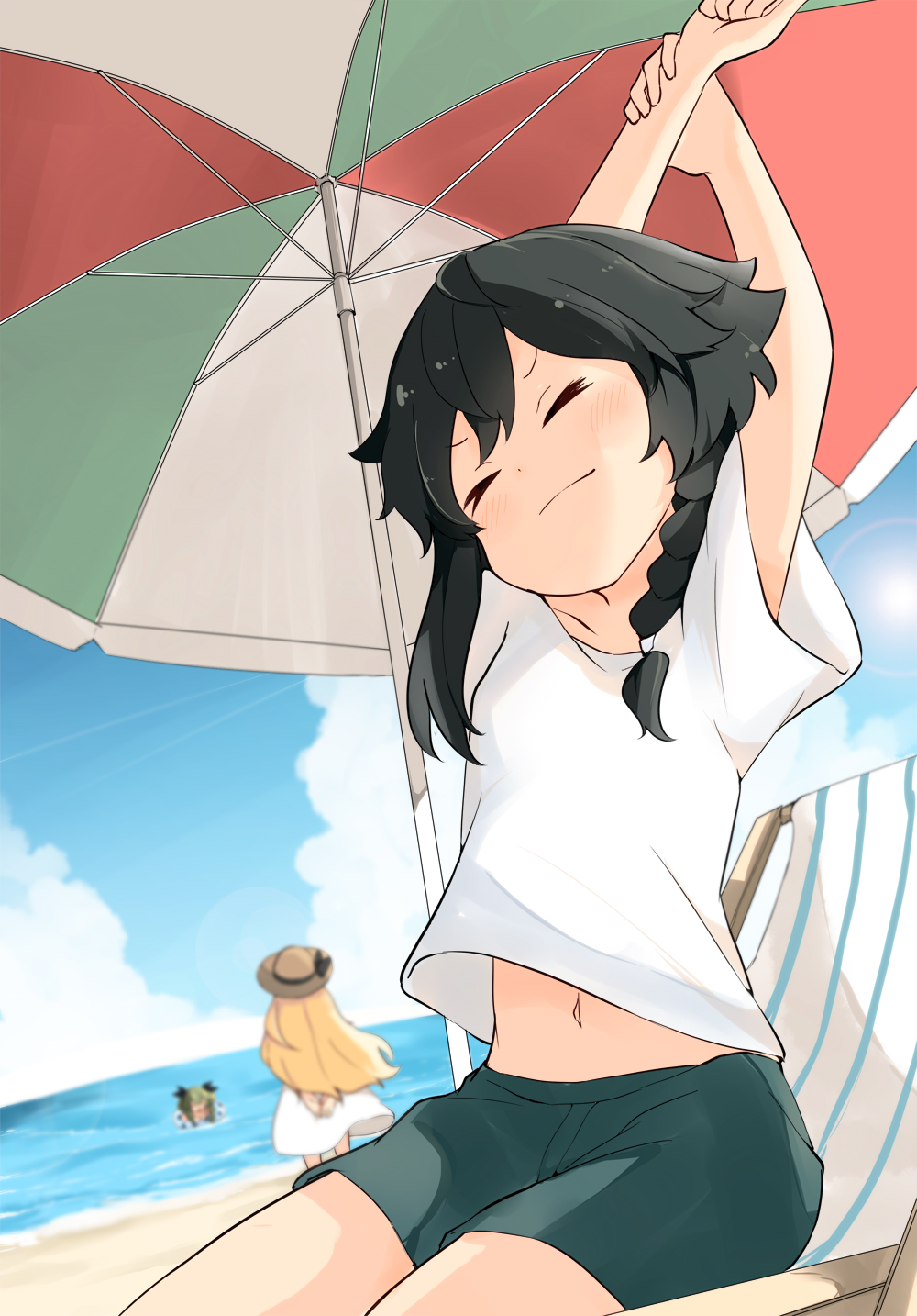 3girls anchovy_(girls_und_panzer) arm_grab arms_up bangs barashiya beach beach_chair beach_umbrella black_hair black_shorts blonde_hair blue_sky blurry blurry_background braid brown_eyes brown_headwear carpaccio_(girls_und_panzer) closed_eyes closed_mouth cloud cloudy_sky depth_of_field dress girls_und_panzer green_hair hair_tie hat head_tilt highres horizon medium_dress multiple_girls navel ocean pepperoni_(girls_und_panzer) shirt short_hair short_sleeves shorts side_braid sitting sky smile solo_focus standing stretch sun_hat swimming t-shirt umbrella white_dress