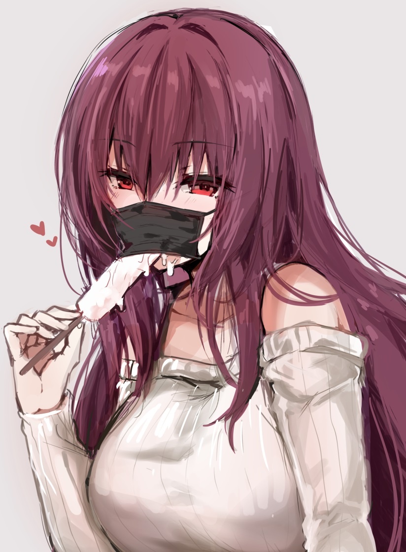 1girl black_mask blush breasts commentary_request eyes_visible_through_hair fate/grand_order fate_(series) fellatio_under_mask food grey_background hair_intakes heart large_breasts long_hair looking_at_viewer mafuyu mask mouth_mask off-shoulder_sweater off_shoulder popsicle purple_hair red_eyes scathach_(fate)_(all) scathach_(fate/grand_order) sexually_suggestive simple_background simulated_fellatio solo surgical_mask sweater