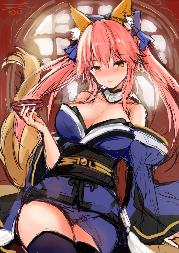 1girl animal_ear_fluff animal_ears bangs bare_shoulders blue_bow blue_kimono blue_legwear blush bow breasts cleavage cup fate/extra fate_(series) fox_ears fox_girl fox_tail hair_between_eyes hair_bow japanese_clothes kimono large_breasts long_hair looking_at_viewer mafuyu obi pink_hair sakazuki sash short_kimono sidelocks smile tail tamamo_(fate)_(all) tamamo_no_mae_(fate) thighhighs thighs twintails wide_sleeves yellow_eyes