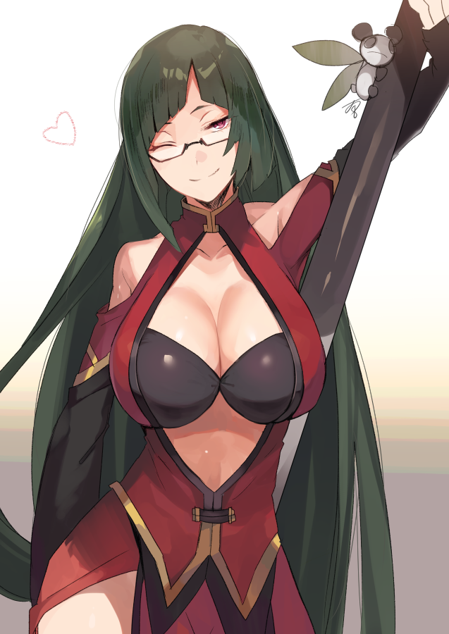 1girl ;) bare_shoulders black_hair blazblue breasts china_dress chinese_clothes cleavage cleavage_cutout closed_mouth collarbone dress glasses head_tilt holding holding_staff hyakuhachi_(over3) lao_jiu large_breasts litchi_faye_ling long_hair looking_at_viewer one_eye_closed panda red_eyes smile solo staff very_long_hair