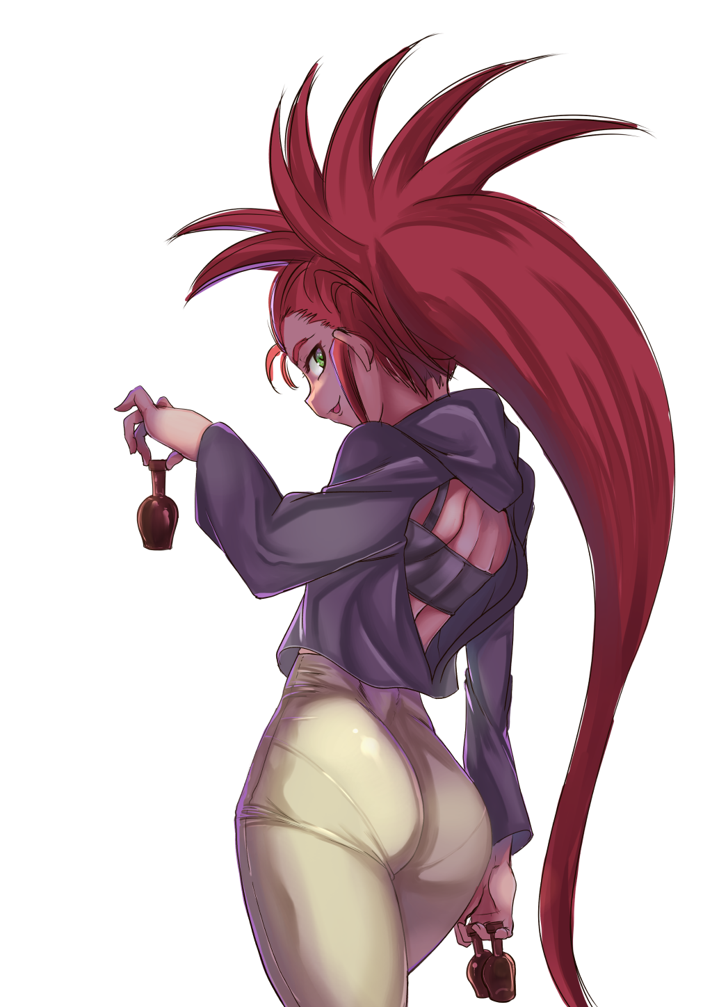 1girl ass back backless_outfit bra from_behind green_eyes hakubi_washuu highres long_hair looking_at_viewer looking_back open_mouth pantylines red_hair smile solo sugishin46 tenchi_muyou!_ryou-ouki underwear vial