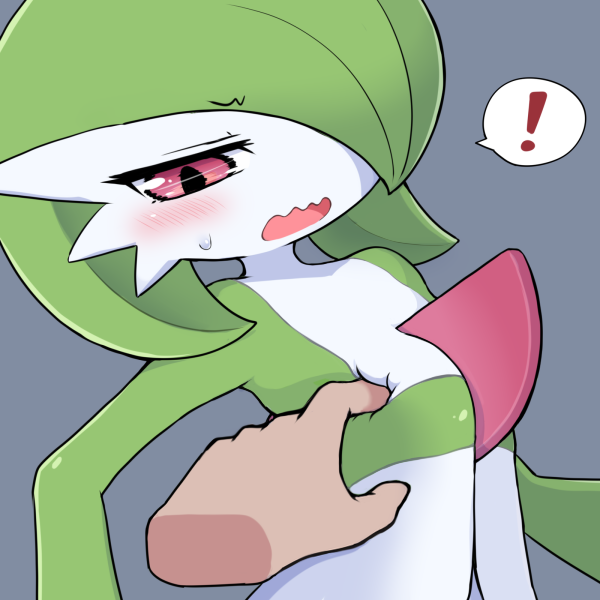 ! 1girl bangs blush bob_cut colored_skin commentary_request disembodied_limb embarrassed eyebrows_visible_through_hair flat_chest gardevoir green_hair green_skin grey_background hair_over_one_eye half-closed_eyes looking_down multicolored_skin one_eye_covered open_mouth pokemon pokemon_(creature) poking red_eyes rmtwo shiny shiny_skin short_hair simple_background solo_focus speech_bubble spoken_exclamation_mark surprised sweat two-tone_skin upper_body wavy_mouth white_skin