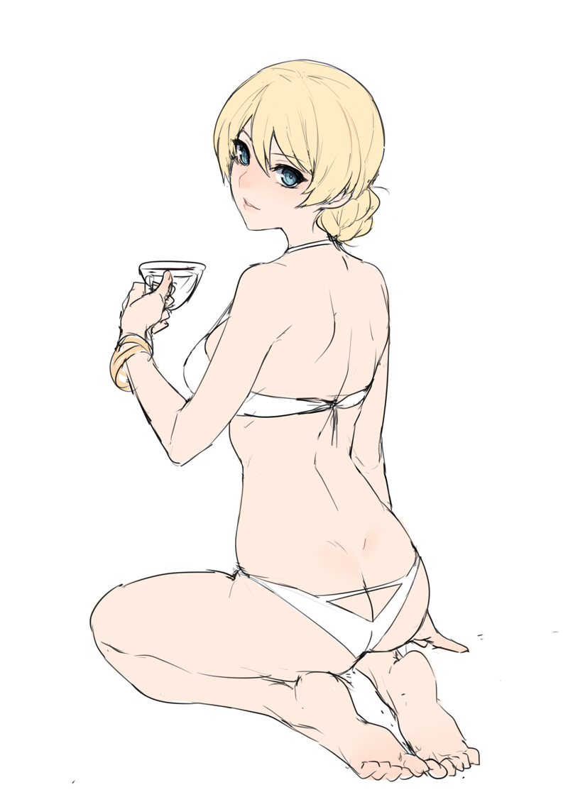 1girl ass back ban bangle bangs bikini blonde_hair blue_eyes bracelet braid butt_crack commentary_request cup darjeeling_(girls_und_panzer) dimples_of_venus feet from_behind full_body girls_und_panzer hair_between_eyes halterneck holding holding_cup jewelry kneeling looking_at_viewer looking_back short_hair smile solo swimsuit teacup toes white_background white_bikini