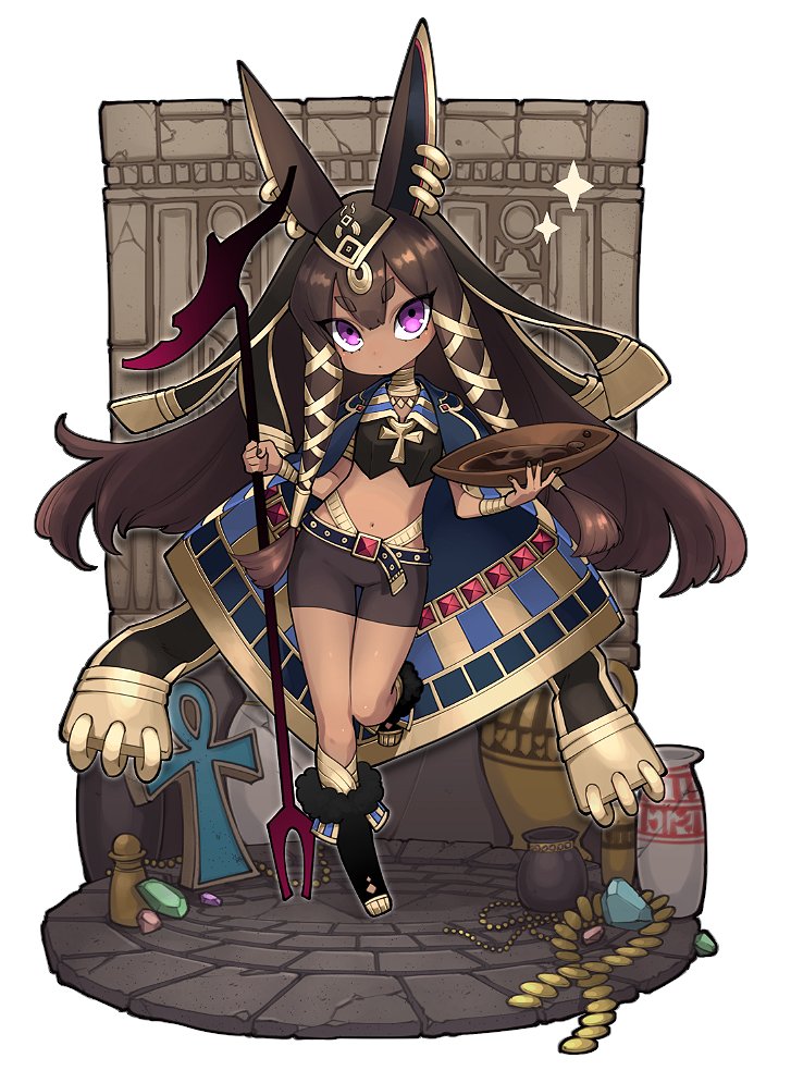 1girl animal_ears ankh anubis_(westxost) bike_shorts brown_hair closed_mouth earrings egyptian full_body hair_tubes holding jackal_ears jewelry long_hair looking_at_viewer midriff navel original polearm pot purple_eyes solo spear standing standing_on_one_leg thick_eyebrows thigh_gap weapon westxost_(68monkey) white_background