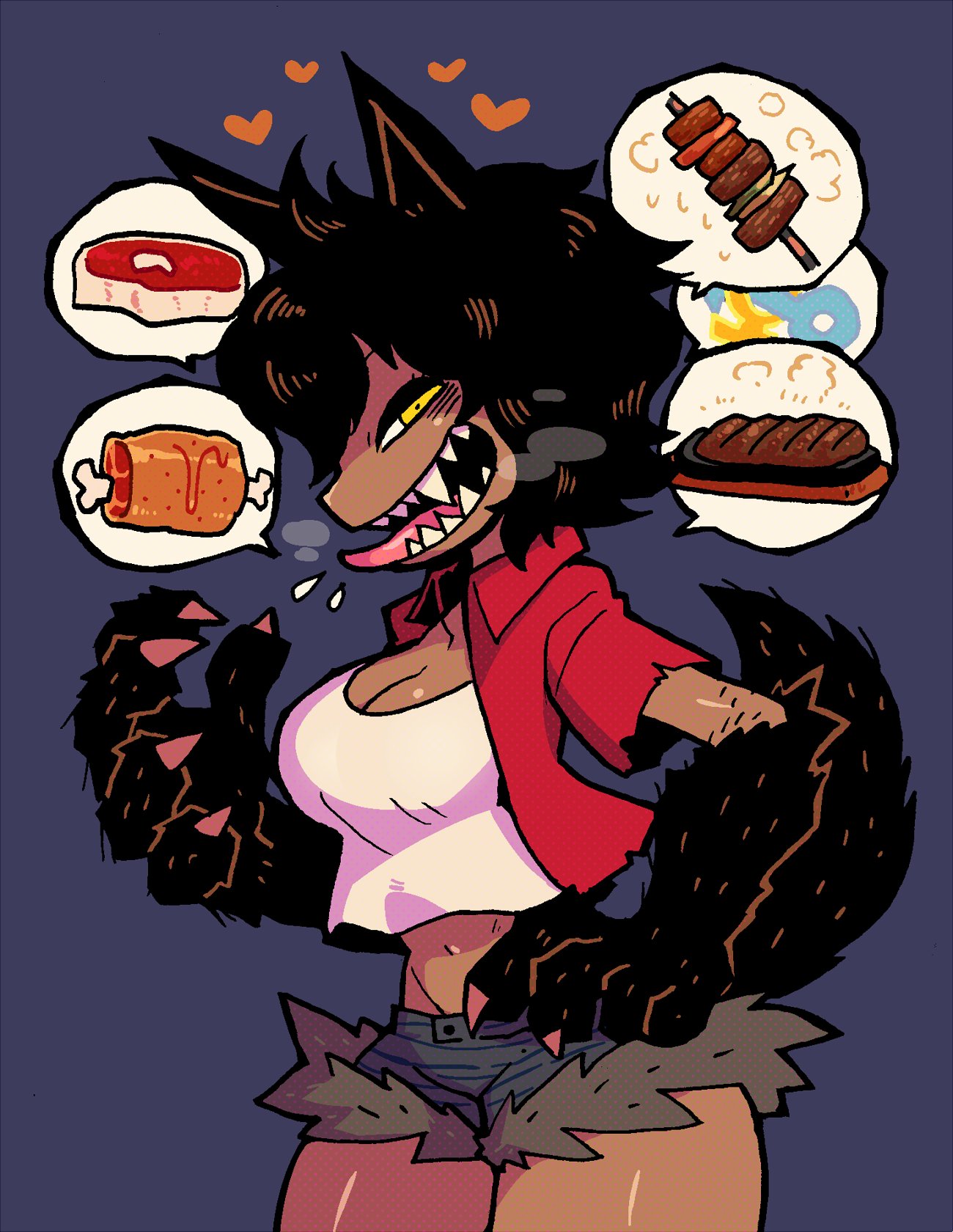 1girl :d animal_ears black_hair boned_meat breasts claws cleavage collared_jacket cowboy_shot dark_skin denim denim_shorts food fur-trimmed_shorts fur_trim half-closed_eyes hand_on_hip heart highres interlocked_mars_and_venus_symbols jacket large_breasts looking_at_viewer meat midriff monster_girl navel open_clothes open_jacket open_mouth original paws purple_background rariatto_(ganguri) red_jacket rudi_(rariatto) sharp_teeth shirt short_hair short_shorts shorts simple_background skewer smile solo spit steak tail teeth tongue tongue_out werewolf when_you_see_it white_shirt wolf_ears wolf_tail yellow_eyes