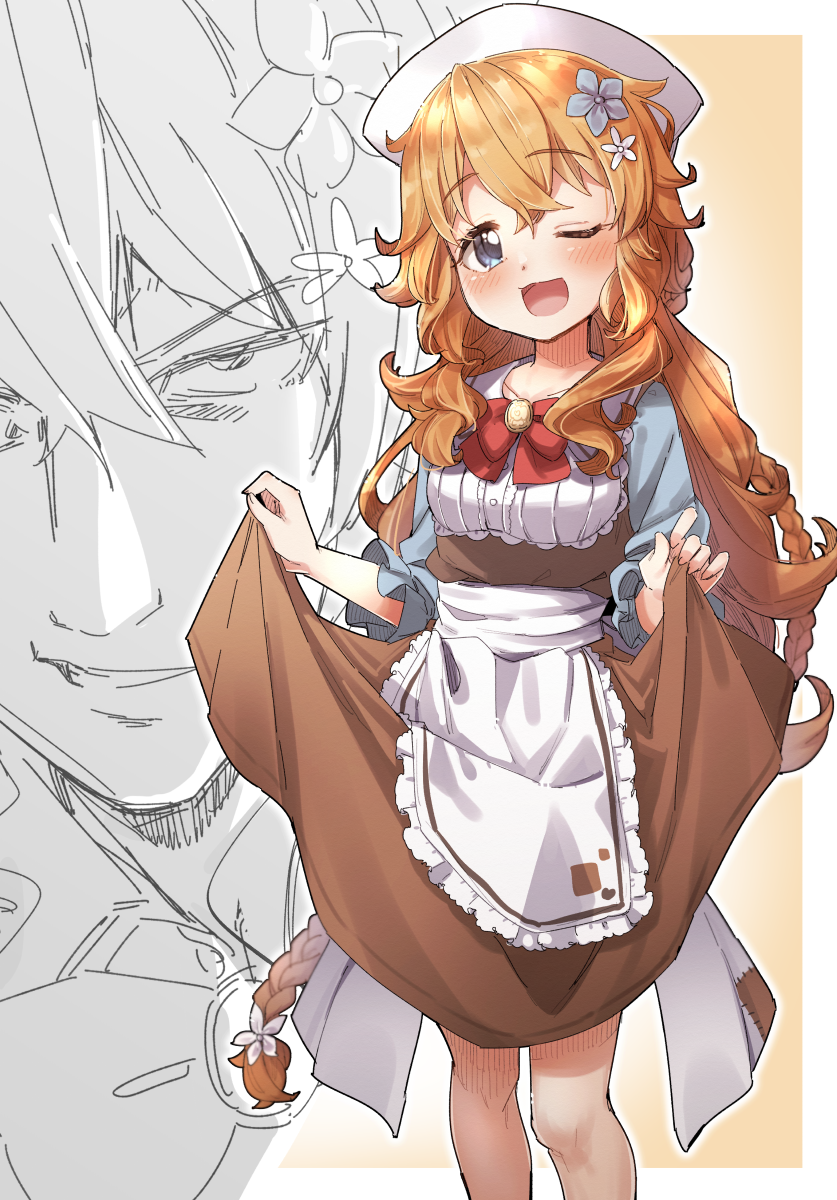 1girl ;d apron bangs blue_eyes blue_flower blush bow braid breasts brown_background brown_hair brown_skirt collared_shirt commentary_request eyebrows_visible_through_hair flower frilled_apron frills hair_between_eyes hair_flower hair_ornament hat highres just_as_planned lifted_by_self long_hair looking_at_viewer multiple_views nijisanji one_eye_closed open_mouth otogibara_era red_bow shirt skirt skirt_lift small_breasts smile two-tone_background v-shaped_eyebrows very_long_hair virtual_youtuber white_apron white_background white_flower white_headwear white_shirt yukie_(kusaka_shi)