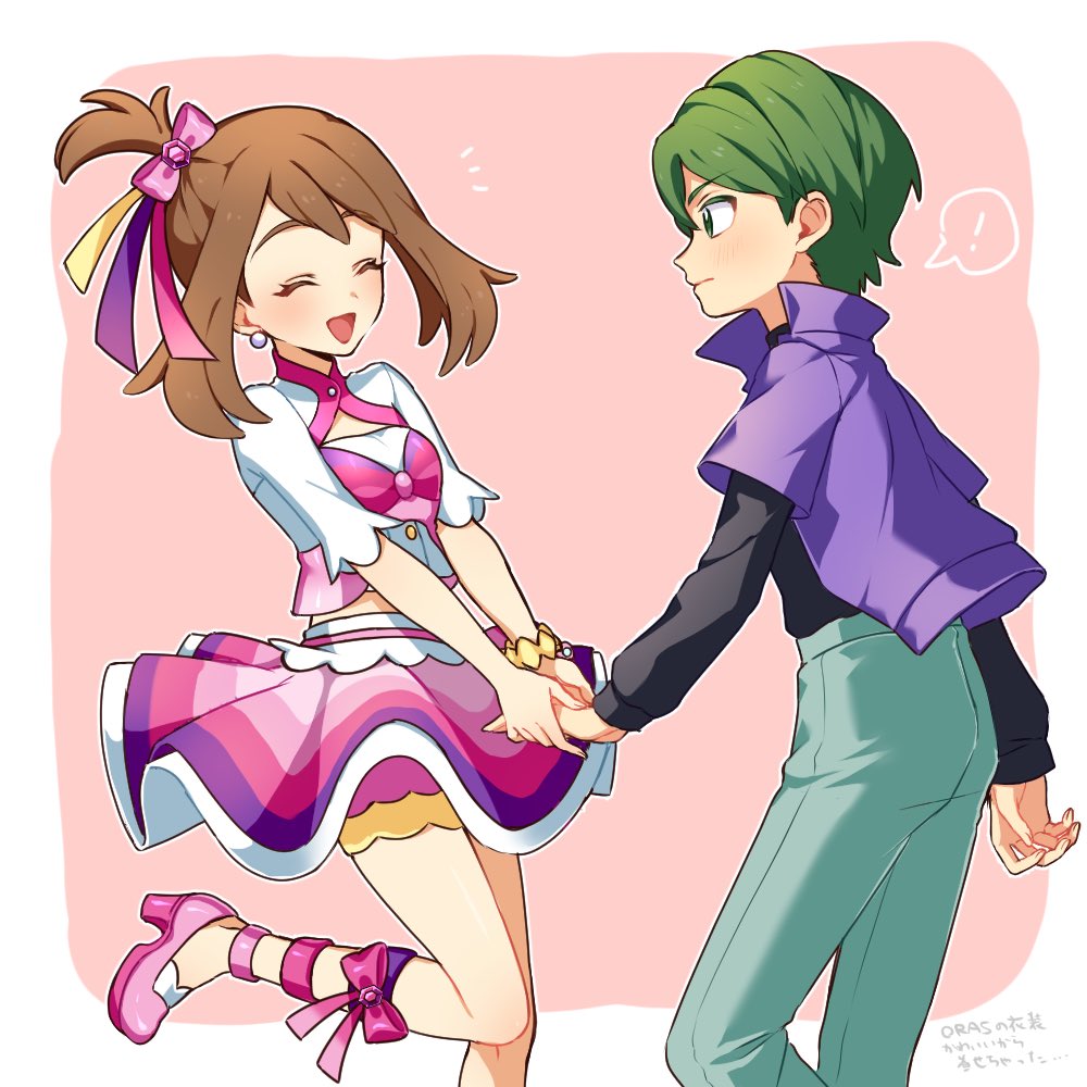 ! 1boy 1girl bangs blush bow bracelet brown_hair closed_eyes closed_mouth commentary_request drew_(pokemon) earrings green_eyes green_hair green_pants hair_bow hair_ribbon happy high_heels holding_hands iketsuko jacket jewelry leg_up may_(pokemon) open_mouth pants pink_footwear pokemon pokemon_(anime) pokemon_rse_(anime) purple_jacket ribbon short_sleeves skirt spoken_exclamation_mark tongue
