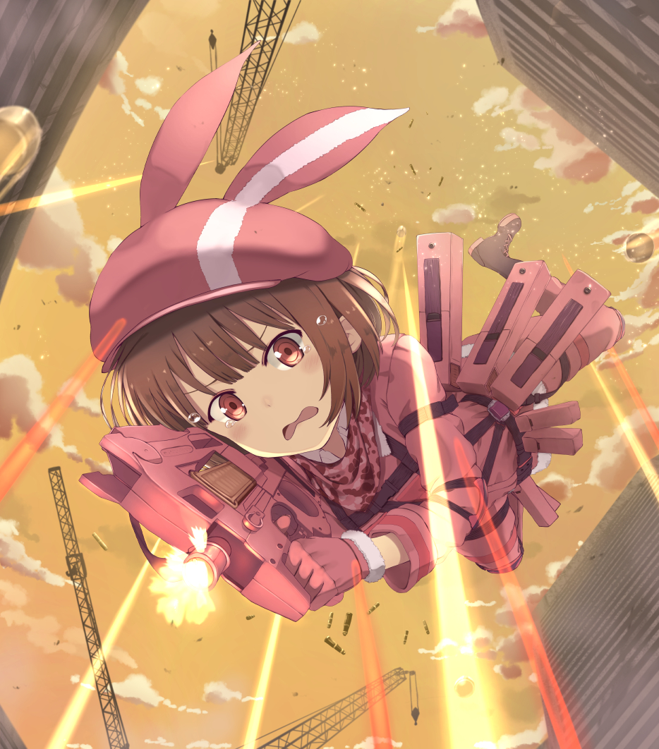 1girl animal_hat battle brown_hair building bullet bullet_line bullpup bunny_hat cloud cloudy_sky commentary_request crane_(machine) firing fur-trimmed_gloves fur_trim gloves gun hat jacket llenn_(sao) open_mouth outdoors p-chan_(p-90) p90 pants piisu pink_eyes pink_gloves pink_headwear pink_jacket pink_pants short_hair sky submachine_gun sword_art_online sword_art_online:_fatal_bullet sword_art_online_alternative:_gun_gale_online tears weapon