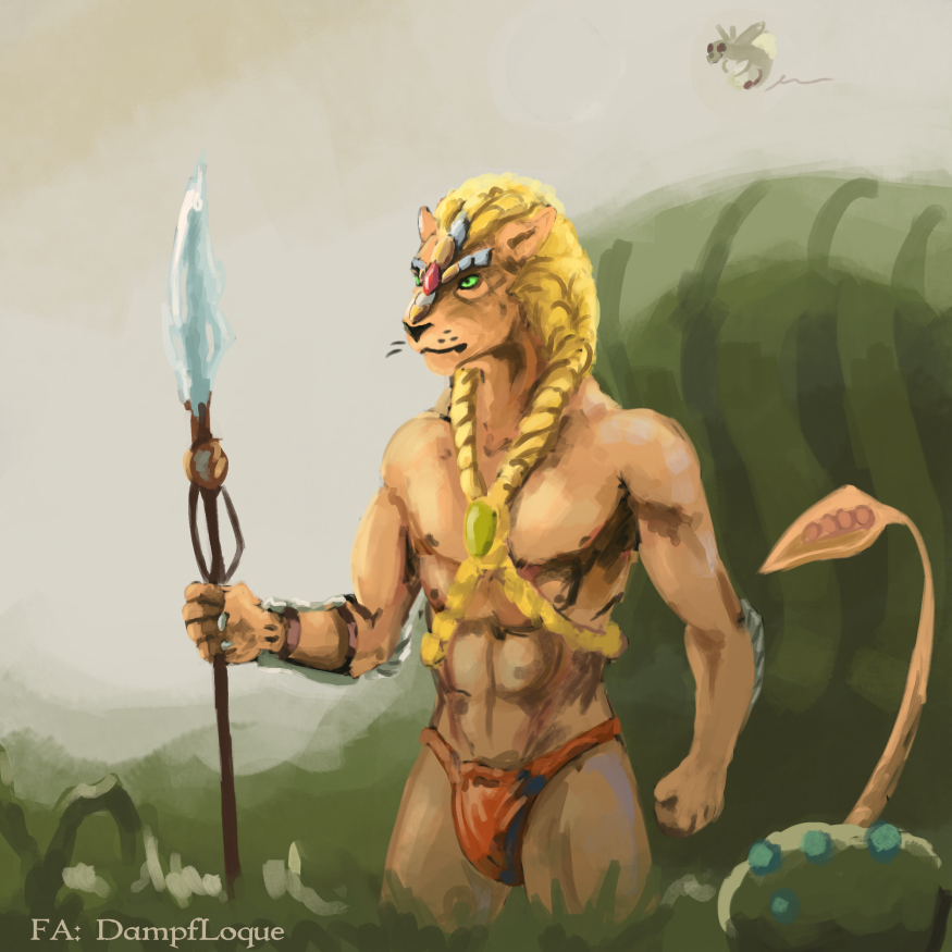 1:1 4_nipples 4_pecs albion_(game) alien anthro armor bare_chest blonde_hair bracers clothing dampfloque domestic_cat drirr_(albion) felid feline felis fur green_eyes grey_sky hair holding_object holding_spear holding_weapon iskai loincloth male mammal melee_weapon multi_nipple multi_pecs muscular muscular_anthro muscular_male nipples pecs plant polearm signature solo spear standing tan_body tan_fur weapon
