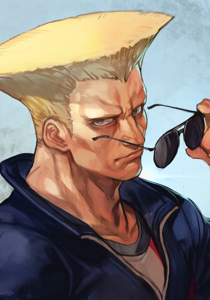 1boy aviator_sunglasses blonde_hair blue_eyes blue_jacket closed_mouth glasses guile hankuri holding holding_eyewear jacket looking_at_viewer male_focus muscle shirt simple_background solo street_fighter street_fighter_v sunglasses white_shirt