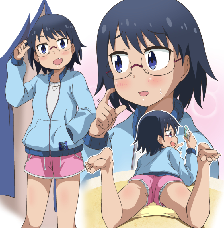 1girl ass barefoot black_hair blue_eyes blush breasts collarbone eyebrows_visible_through_hair fang feet glasses hand_in_pocket hodaka_natsumi houkago_teibou_nisshi ki_(adotadot) looking_at_viewer lying multiple_views on_stomach open_mouth panties pink_shorts shiny shiny_hair short_hair shorts small_breasts smile spread_legs standing sweat underwear white_panties