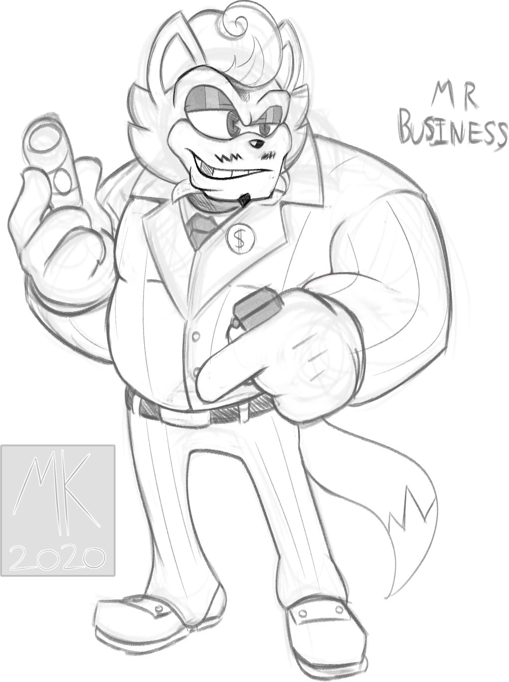 anthro belt black_nose bottomwear cigar clothing conjoined_eyes facial_hair footwear gloves handwear hi_res male mklancer00 mr_business pants shoes solo suit toony unknown_species