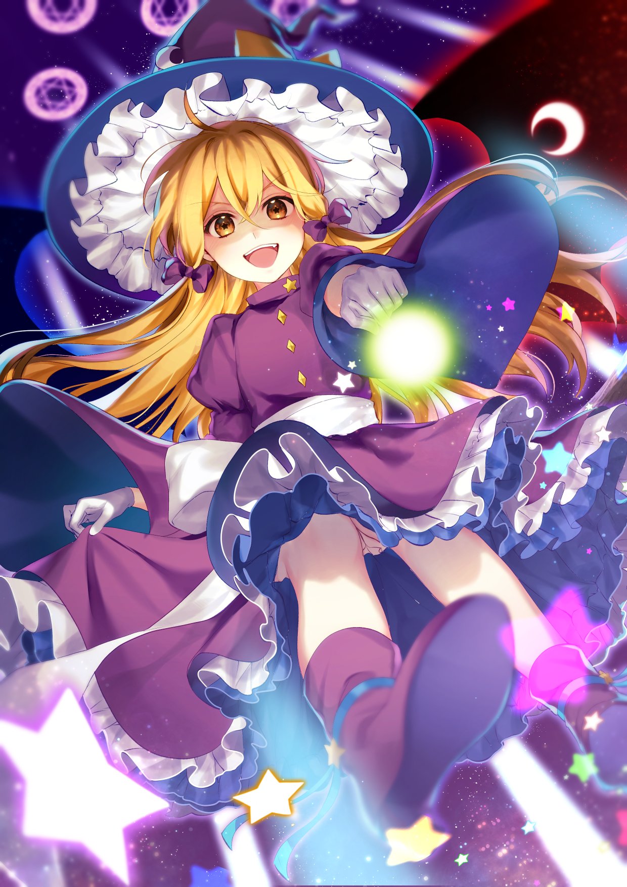 blonde_hair boots bow crescent crescent_moon crescent_moon_pin dress dress_pull eyebrows_visible_through_hair frilled_dress frilled_hat frills full_body gloves hat highres holding holding_wand jill_07km kirisame_marisa kirisame_marisa_(pc-98) long_hair looking_at_viewer moon open_mouth purple_dress ribbon skirt_hold star_(sky) touhou touhou_(pc-98) wand white_bow witch_hat yellow_eyes