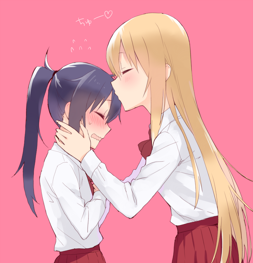 2girls bangs black_hair blonde_hair blush closed_eyes commentary_request cowboy_shot doma_umaru flying_sweatdrops forehead_kiss from_side hands_on_another's_cheeks hands_on_another's_face height_difference hijiki_(hijikini) himouto!_umaru-chan kiss long_hair motoba_kirie multiple_girls open_mouth pink_background ponytail red_skirt school_uniform simple_background skirt sweatdrop translated very_long_hair wavy_mouth yuri