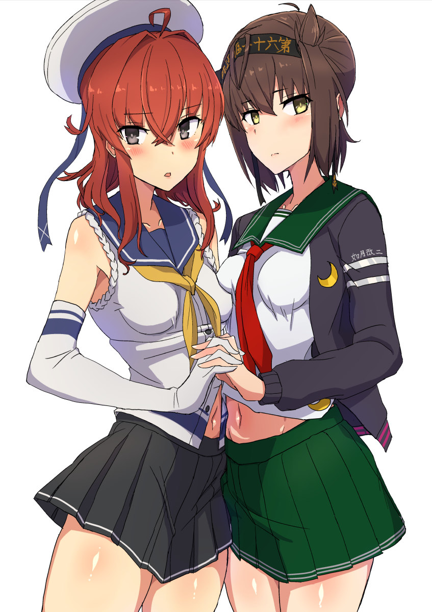 2girls ahoge arashi_(kantai_collection) asymmetrical_docking bangs black_hair black_skirt blue_sailor_collar blush breast_press breasts closed_mouth clothes_writing comala_(komma_la) cosplay crescent crescent_moon_pin crossed_bangs elbow_gloves eyebrows_visible_through_hair gloves green_sailor_collar green_skirt hachimaki hair_between_eyes hair_flaps hat hatsuzuki_(kantai_collection) headband highres holding_hands jacket kantai_collection long_hair long_sleeves medium_breasts multiple_girls mutsuki_(kantai_collection) mutsuki_(kantai_collection)_(cosplay) navel neckerchief open_mouth pleated_skirt red_hair red_neckwear remodel_(kantai_collection) sailor_collar sailor_hat school_uniform serafuku simple_background skirt sleeveless urakaze_(kantai_collection) urakaze_(kantai_collection)_(cosplay) white_background white_gloves white_headwear yellow_eyes yellow_neckwear