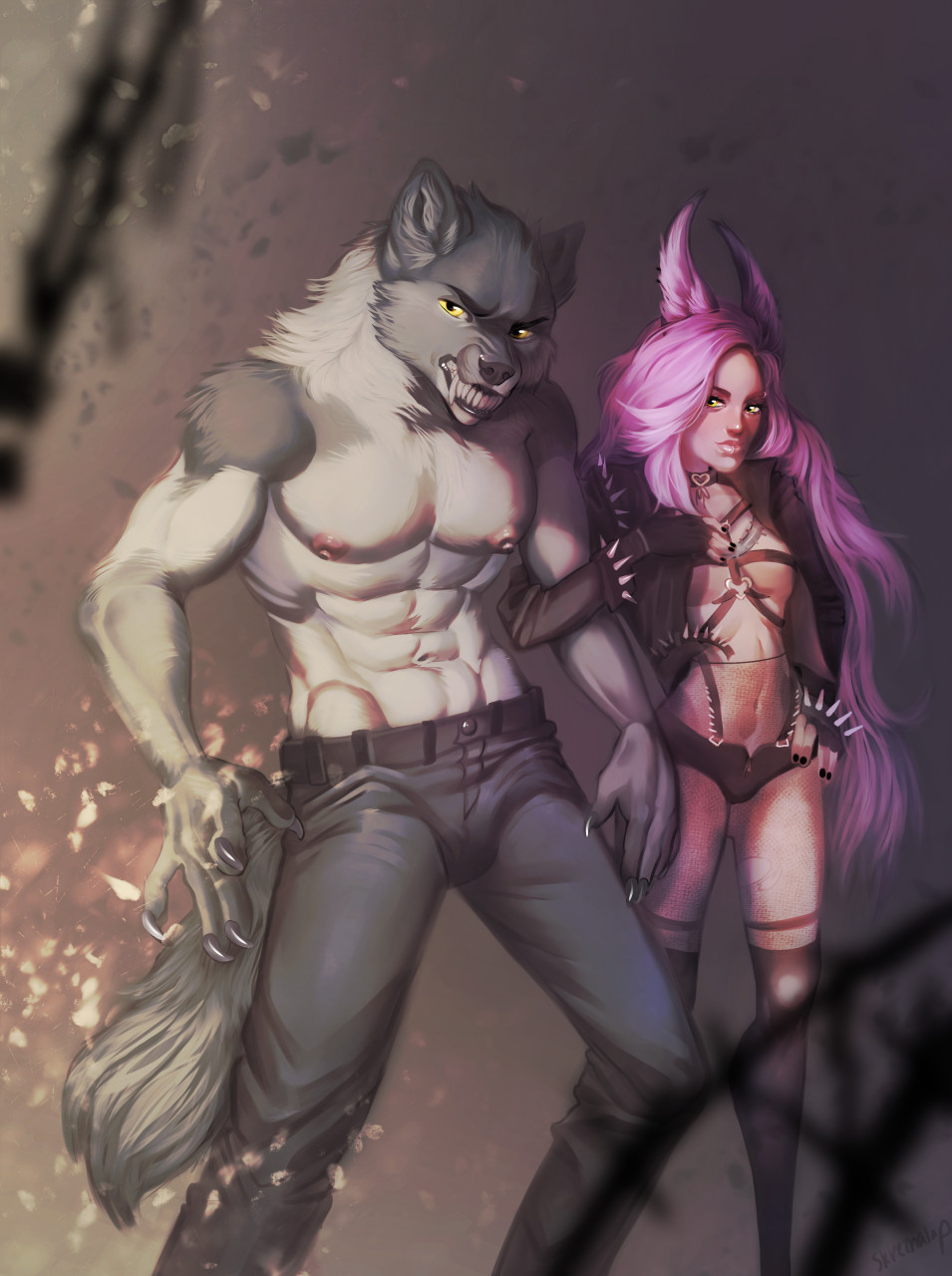 2020 anthro canid canine canis clothed clothing digital_media_(artwork) evlampyshka female hi_res male mammal navel topless wolf