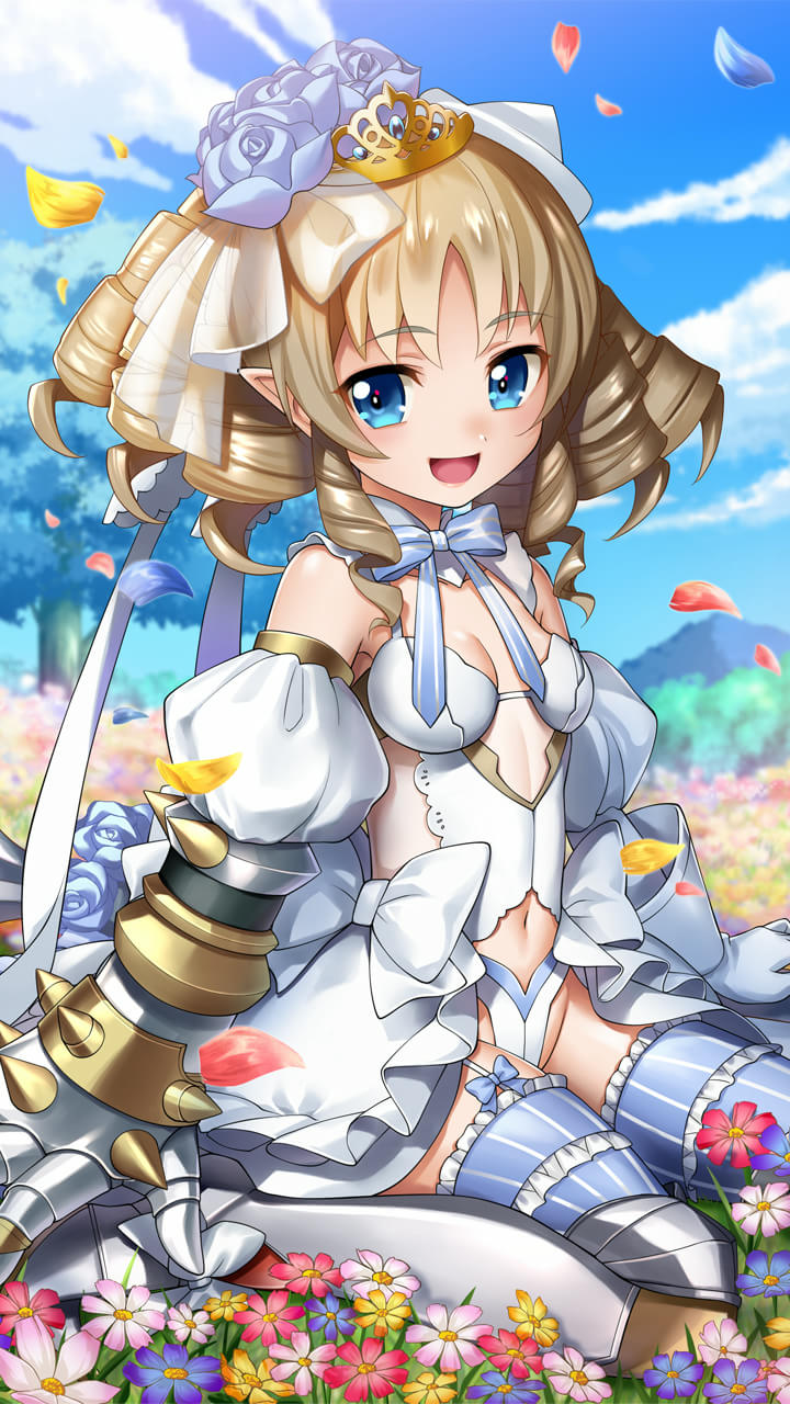 1girl blue_bow blue_eyes blue_flower blue_rose blue_sky blush bow breasts clothing_cutout cloud crown day detached_sleeves dress drill_hair field flower flower_field garter_straps gauntlets gloves greaves hair_flower hair_ornament highres looking_at_viewer navel_cutout official_art open_mouth outdoors platinum_blonde_hair pointy_ears puffy_short_sleeves puffy_sleeves queen's_blade queen's_blade_unlimited queen's_blade_white_triangle rose seiza short_hair short_sleeves single_gauntlet sitting sky small_breasts solo tree white_dress white_flower white_gloves yellow_flower ymir_(queen's_blade)