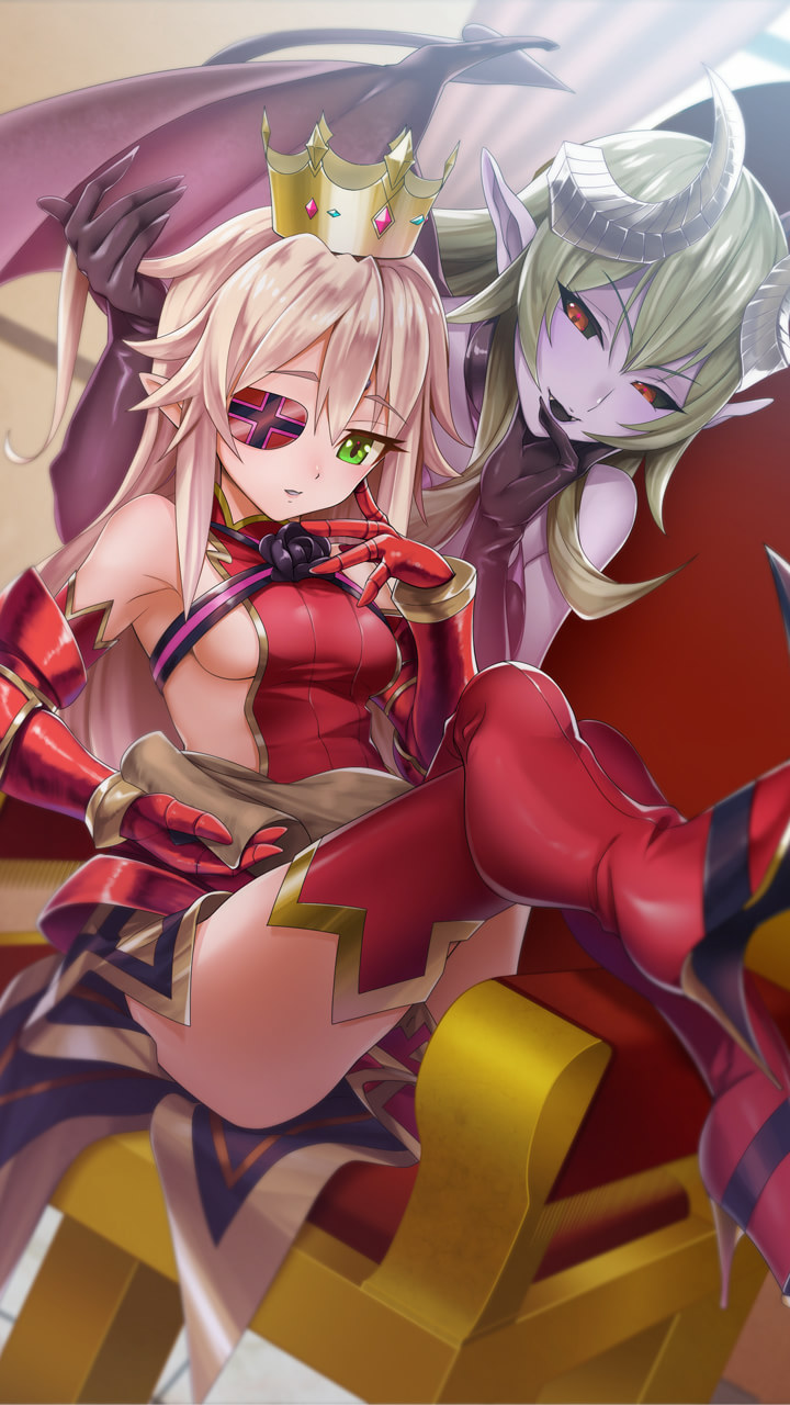 2girls aldra_(queen's_blade) bangs bare_shoulders black_gloves black_sclera blonde_hair boots breasts crossed_legs crown delmore demon_girl demon_horns demon_tail demon_wings elbow_gloves eyepatch gauntlets gloves green_eyes high_heel_boots high_heels highres horns large_breasts long_hair looking_at_viewer multiple_girls official_art pointy_ears purple_skin queen's_blade queen's_blade_unlimited queen's_blade_white_triangle red_eyes red_footwear sideboob sidelocks sitting small_breasts tail thigh_boots thighhighs thighs tongue tongue_out wings