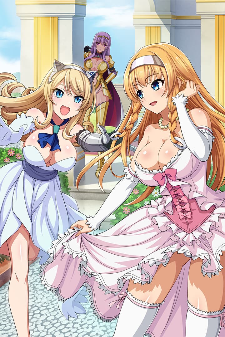 3girls armor armored_boots bangs bikini_armor blonde_hair blue_eyes blue_sky boots braid breasts cape center_opening circlet claudette_(queen's_blade) cleavage collarbone curvy day detached_sleeves dress dress_lift elbow_gloves elina eyebrows_visible_through_hair flower frills garden gloves gown green_eyes hair_ornament happy headband headgear jewelry large_breasts leina long_hair looking_at_viewer multiple_girls necklace official_art panties pantyshot pink_dress princess purple_eyes purple_hair queen's_blade queen's_blade_unlimited queen's_blade_white_triangle siblings sidelocks sisters sky standing thigh_boots thighhighs twin_braids underwear white_dress white_gloves white_legwear white_panties