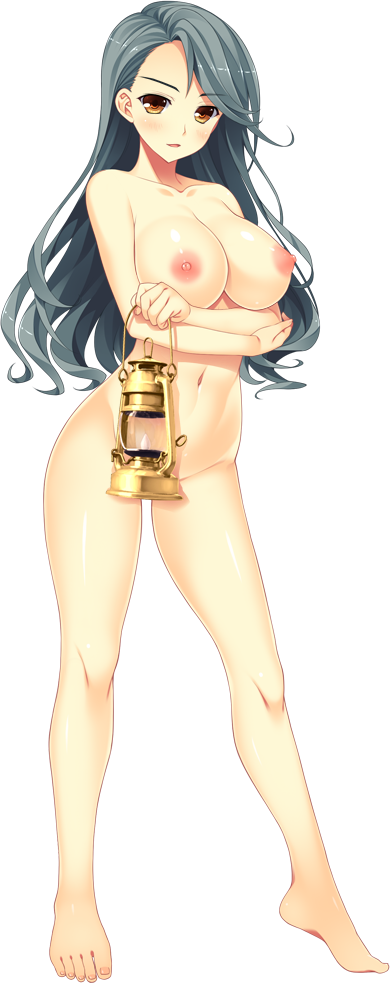 1girl amano_kozue asymmetrical_bangs bangs barefoot breasts crossed_arms eyebrows_visible_through_hair full_body holding huge_breasts lamp long_hair navel nipples no_pussy nude official_art orange_eyes silver_hair sis_camp solo transparent_background