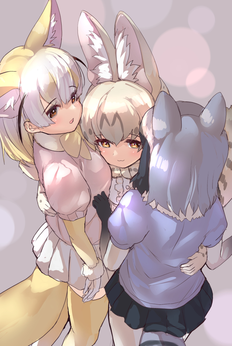 3girls :3 :d animal_ear_fluff animal_ears bangs black_hair black_skirt blonde_hair bow bowtie brown_eyes commentary_request common_raccoon_(kemono_friends) extra_ears eyebrows_visible_through_hair fennec_(kemono_friends) fox_ears fox_tail fur_collar girl_sandwich gloves grey_hair hair_between_eyes hand_on_another's_waist hug kemono_friends multicolored_hair multiple_girls open_mouth puffy_short_sleeves puffy_sleeves raccoon_ears raccoon_tail sandwiched serval_(kemono_friends) serval_ears serval_tail short_hair short_sleeves skirt smile tadano_magu tail thighhighs two-tone_hair white_hair white_skirt yellow_eyes yellow_legwear yellow_neckwear