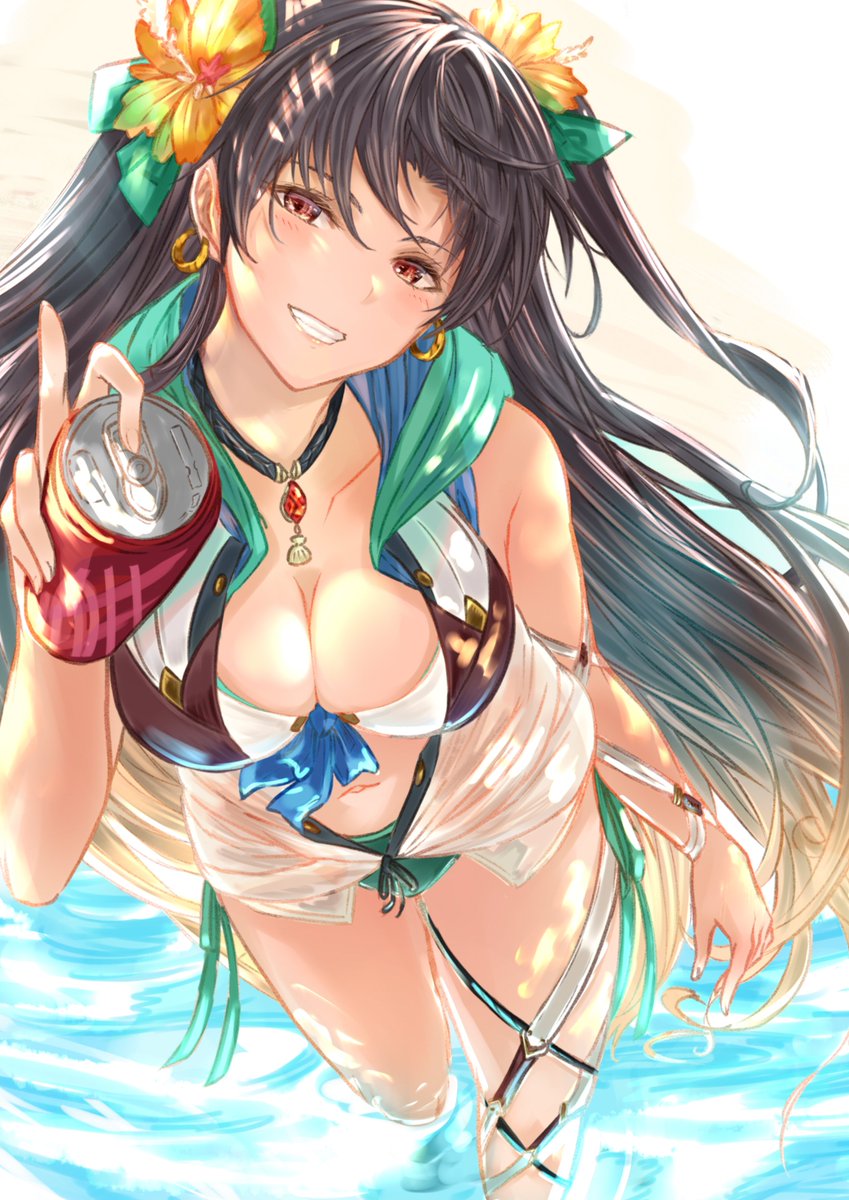 1girl bangs bare_shoulders bikini black_hair blush breasts can cleavage collarbone earrings fate/grand_order fate_(series) flower grin hair_flower hair_ornament highres hoop_earrings ishtar_(fate)_(all) ishtar_(fate/grand_order) jewelry large_breasts long_hair looking_at_viewer necklace parted_bangs red_eyes smile soda_can swimsuit thighs two_side_up wading yatsuka_(846)