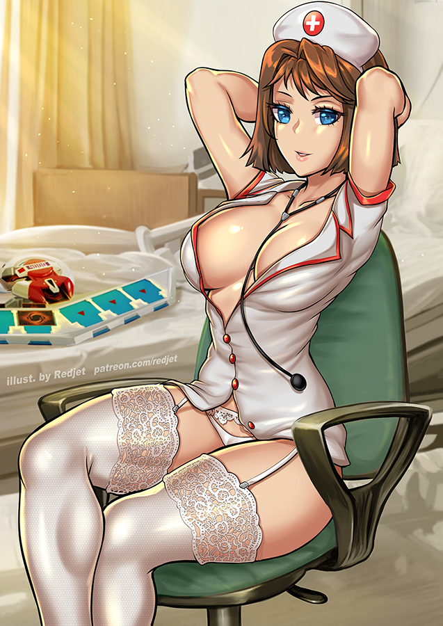 1girl arms_up bed between_breasts blue_eyes breasts brown_hair buttons chair duel_disk garter_straps hat hospital indoors large_breasts looking_at_viewer mazaki_anzu nurse nurse_cap office_chair panties parted_lips redjet short_hair short_sleeves sitting smile solo stethoscope thighhighs underwear watermark web_address white_headwear white_legwear yuu-gi-ou yuu-gi-ou_duel_monsters