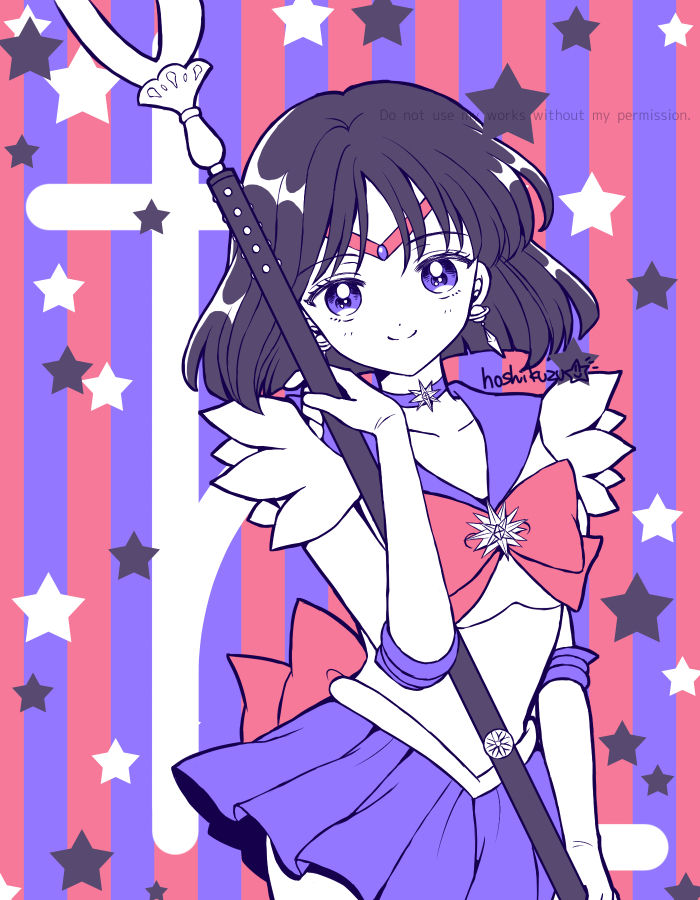 1girl back_bow bishoujo_senshi_sailor_moon black_hair bow brooch choker circlet closed_mouth collarbone cowboy_shot disconnected_mouth elbow_gloves gloves holding holding_spear holding_weapon hoshikuzu_(milkyway792) jewelry limited_palette looking_at_viewer magical_girl multicolored multicolored_background pleated_skirt polearm purple_eyes purple_neckwear purple_sailor_collar purple_skirt red_bow repost_notice sailor_collar sailor_saturn sailor_senshi_uniform saturn_symbol short_hair signature silence_glaive skirt smile solo spear star_(symbol) star_choker striped striped_background tomoe_hotaru weapon white_gloves