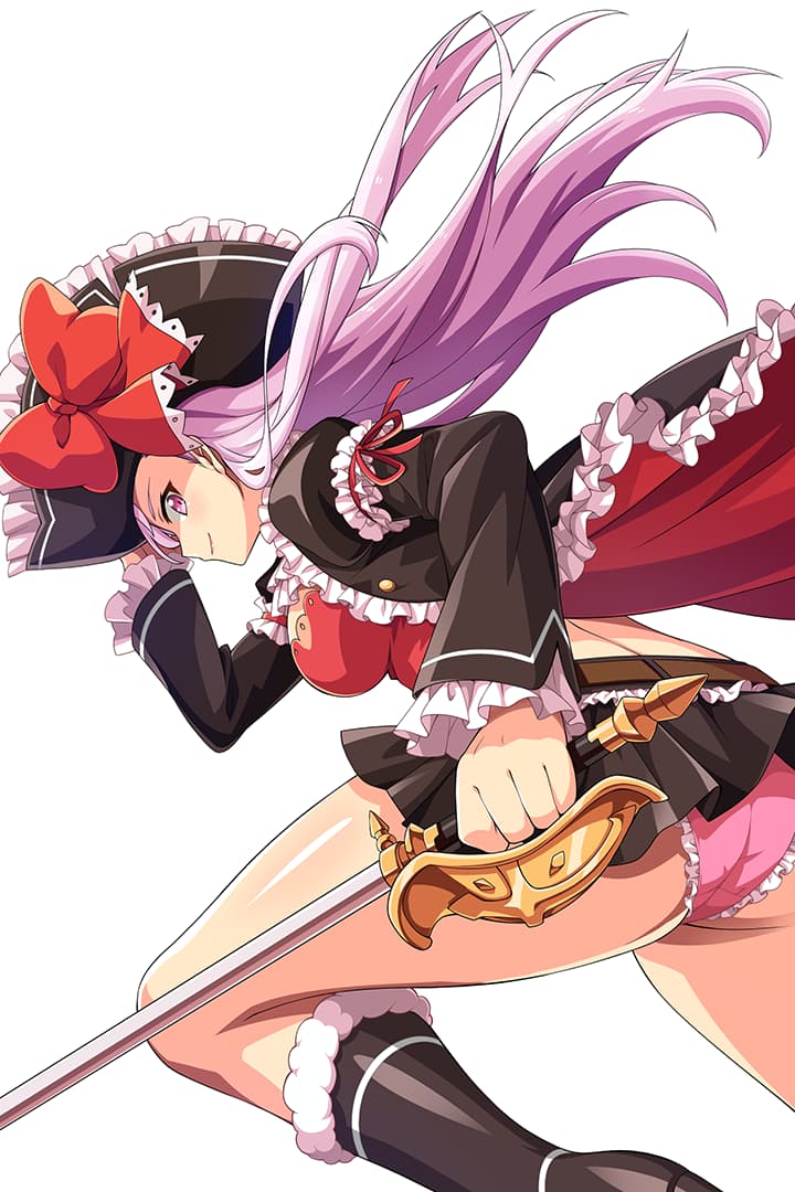 1girl ass belt black_footwear black_headwear black_jacket black_skirt boots bow breasts bustier captain_liliana closed_mouth floating_hair frilled_panties frills hand_up hat holding holding_sword holding_weapon jacket large_breasts legs long_hair looking_at_viewer miniskirt official_art panties pink_eyes pink_hair pink_panties pirate pirate_hat pleated_skirt profile queen's_blade queen's_blade_rebellion queen's_blade_white_triangle rapier red_bow ribbon skirt smile solo sword underwear weapon wind wind_lift