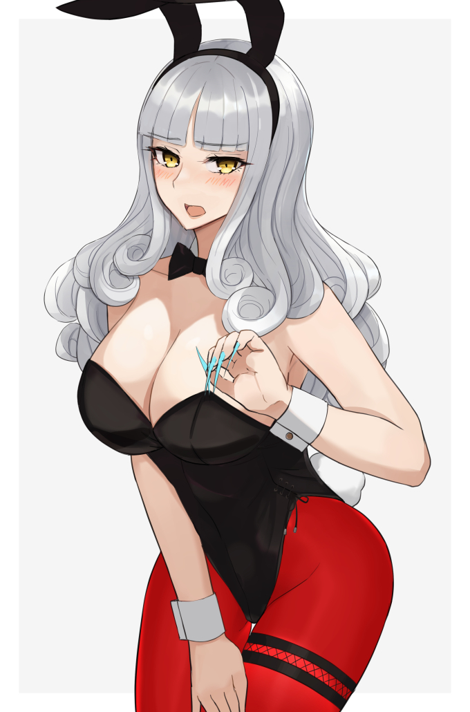 1girl alternate_costume animal_ears black_leotard black_neckwear blue_nails breasts bunny_ears bunny_girl bunny_tail bunnysuit carmilla_(fate/grand_order) cowboy_shot curly_hair detached_collar fake_animal_ears fake_tail fate/grand_order fate_(series) fingernails grey_background grey_hair kozara14 large_breasts leotard long_fingernails nail_polish pantyhose red_legwear sharp_fingernails side-tie_leotard simple_background solo standing strapless strapless_leotard tail wrist_cuffs yellow_eyes