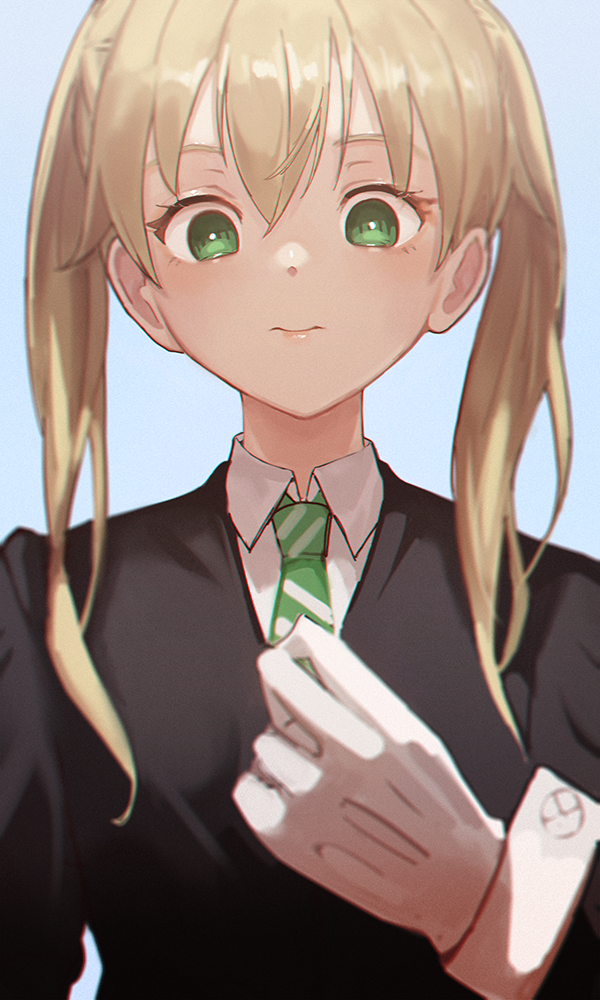 1girl bangs blonde_hair blue_background closed_mouth from_below gloves green_eyes green_neckwear hair_over_shoulder lips long_hair long_sleeves looking_at_viewer looking_down maka_albarn moth1 necktie simple_background sleeve_cuffs solo soul_eater soul_eater_(character) striped striped_neckwear twintails upper_body white_gloves