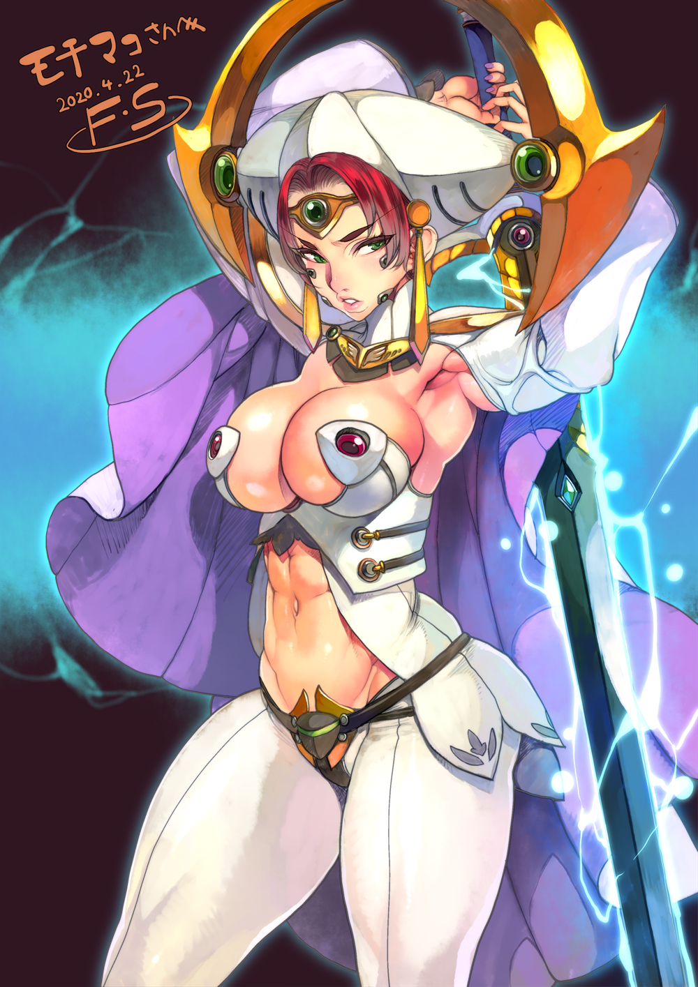 1girl abs armor armpits arms_behind_head arms_up artist_name belt breasts cape center_opening claudette_(queen's_blade) cleavage commentary_request dated electricity f.s. green_eyes hat highres holding holding_sword holding_weapon jewelry large_breasts lips long_hair looking_at_viewer muscle muscular_female navel official_art pants parted_lips queen's_blade queen's_blade_rebellion red_hair revealing_clothes solo sword weapon white_pants