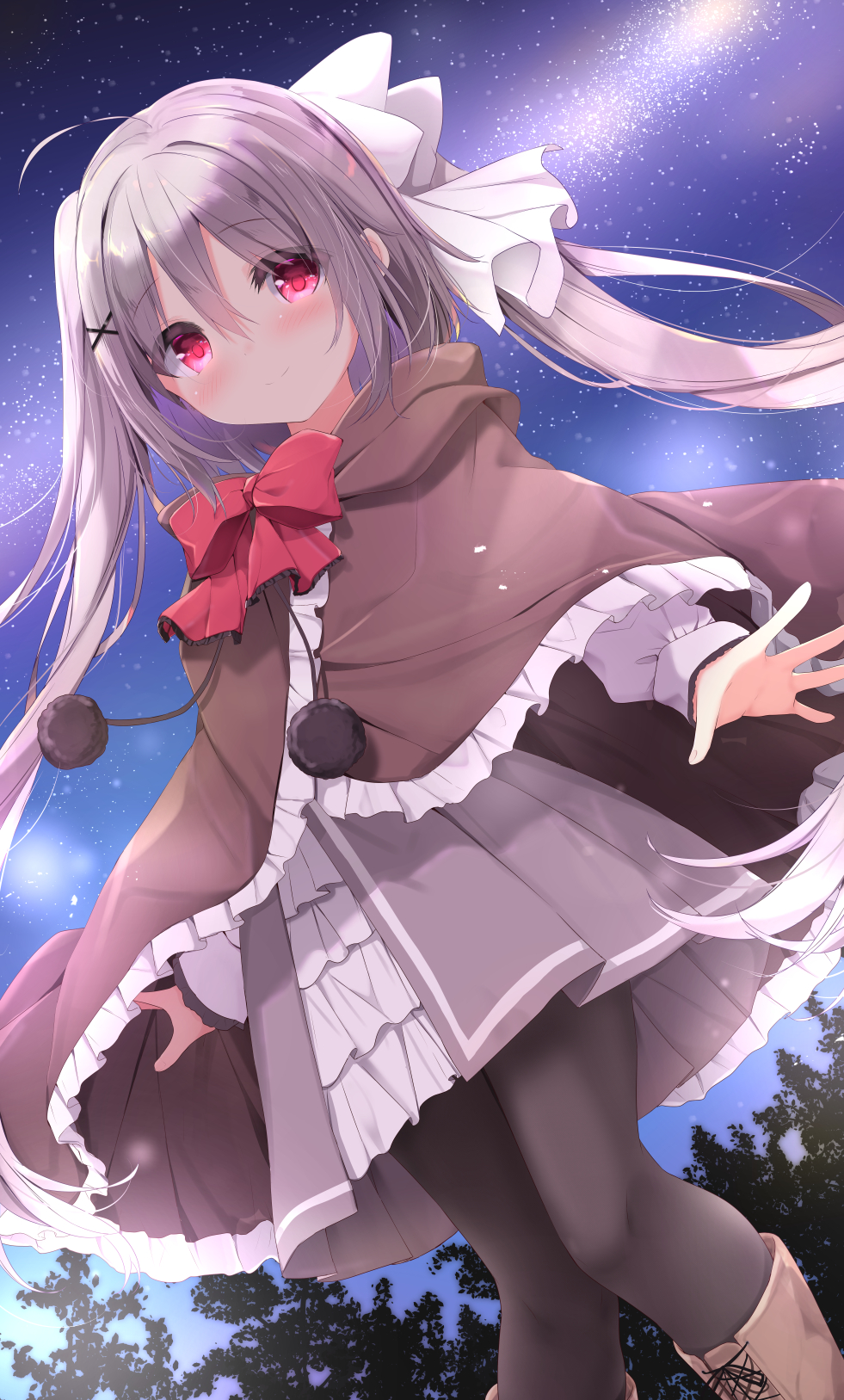 1girl bangs black_legwear blush boots bow brown_cloak brown_footwear cloak closed_mouth commentary_request cross-laced_footwear dutch_angle eyebrows_visible_through_hair frilled_cloak grey_hair grey_skirt hair_between_eyes hair_bow highres hood hood_down hooded_cloak hoshizora_tetsudou_to_shiro_no_tabi knee_boots kouda_suzu lace-up_boots long_hair long_sleeves looking_at_viewer night night_sky ooarai_school_uniform outdoors pantyhose pleated_skirt pom_pom_(clothes) red_bow red_eyes school_uniform skirt sky smile solo star_(sky) starry_sky twintails very_long_hair white_bow