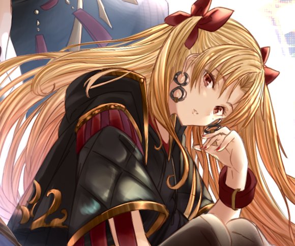 1girl bangs black_robe blonde_hair bracelet earrings ereshkigal_(fate/grand_order) eyebrows_visible_through_hair fate/grand_order fate_(series) hair_ribbon jewelry long_hair looking_at_viewer nail_polish pantyhose parted_lips red_eyes red_nails red_ribbon ribbon solo very_long_hair yatsuka_(846)