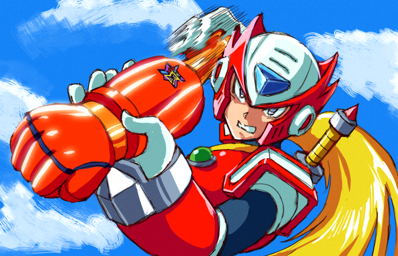 1boy android blonde_hair clenched_teeth cloud commentary_request day helmet holding kin-san_(sasuraiga) long_hair male_focus motion_blur outdoors rockman rockman_zero sky solo sword teeth upper_body weapon weapon_on_back zero_(rockman)