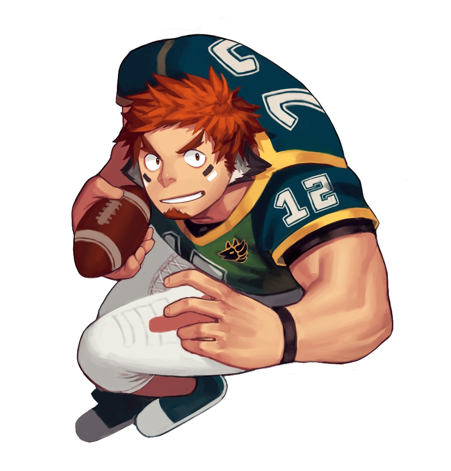 1boy 239_239 animal_ears brown_hair facial_hair forked_eyebrows goatee looking_at_viewer male_focus manly muscle native_american rugby_ball rugby_uniform short_hair sideburns solo sportswear tackle thick_eyebrows tokyo_houkago_summoners wakan_tanka white_background