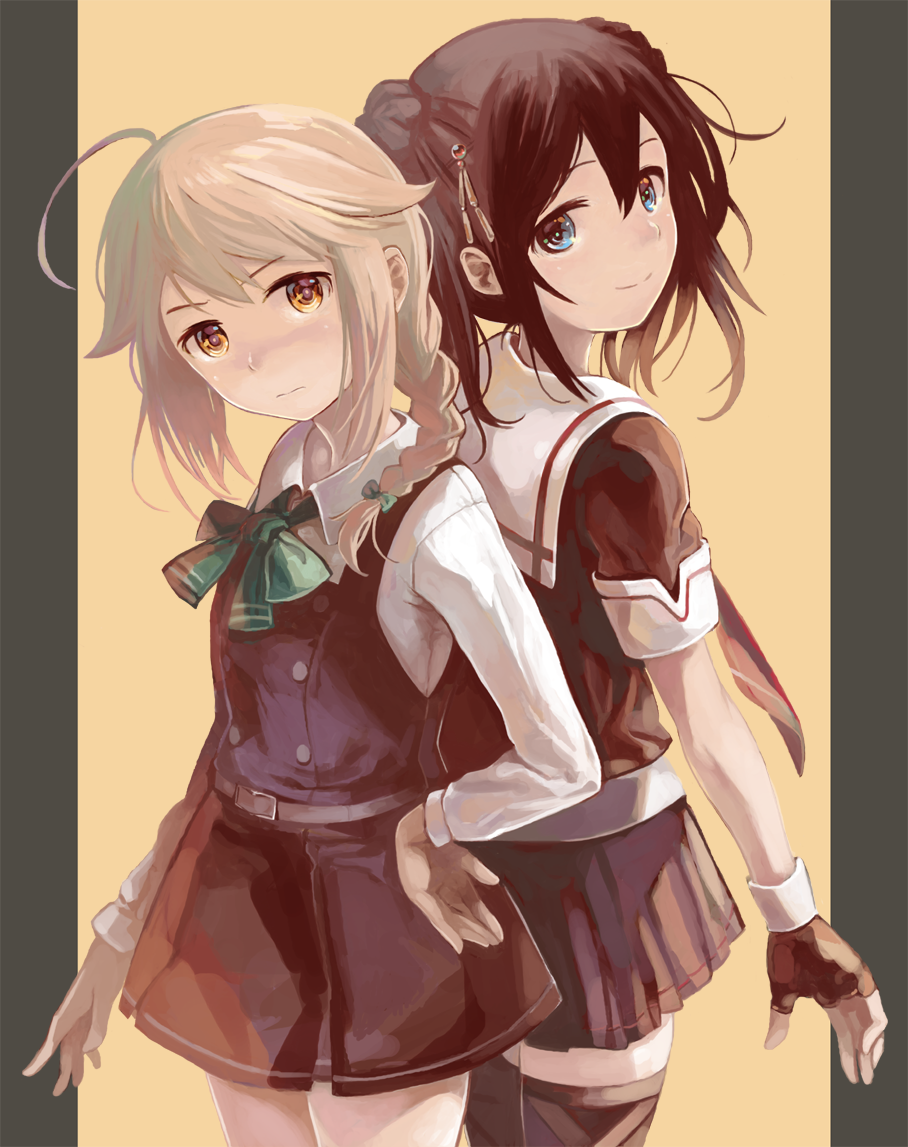 2girls ahoge belt belt_buckle black_gloves black_serafuku black_shirt black_skirt blonde_hair blue_eyes braid braided_ponytail brown_hair buckle double_bun dress gloves green_neckwear hair_between_eyes hair_flaps hair_ornament hair_over_shoulder hair_swap kantai_collection light_smile long_sleeves mat_(seiga38529) michishio_(kantai_collection) multiple_girls necktie pinafore_dress ponytail red_neckwear remodel_(kantai_collection) sailor_collar sailor_shirt school_uniform serafuku shigure_(kantai_collection) shirt short_twintails simple_background skirt smile standing twintails