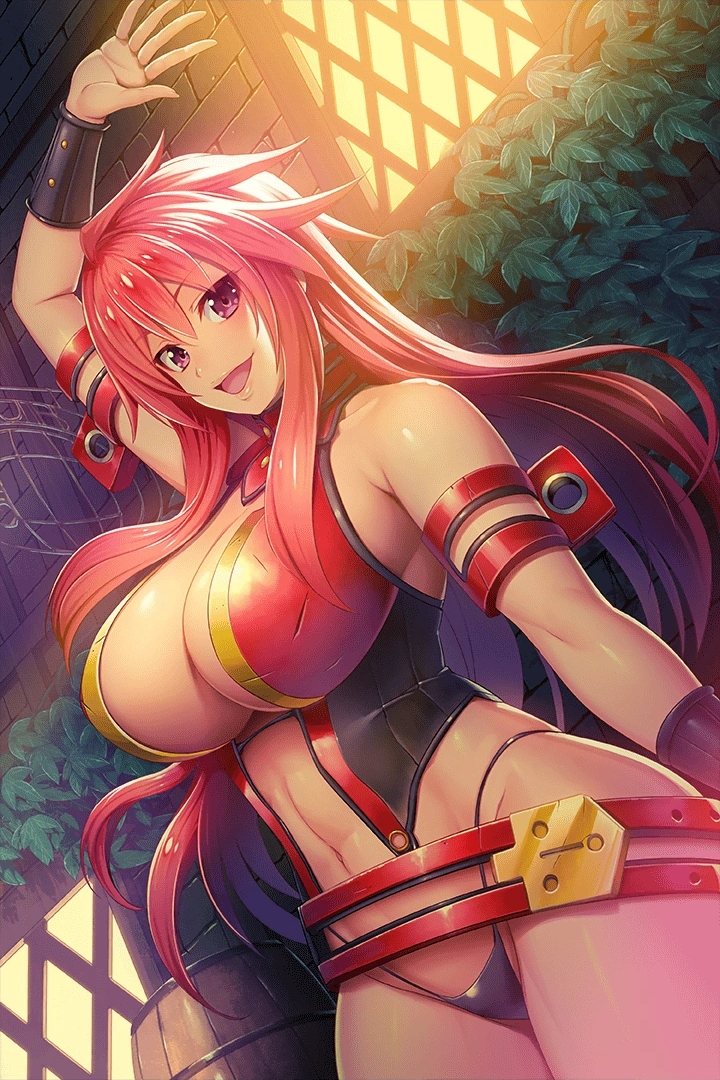 1girl arm_strap belt black_panties breasts cleavage hand_up highleg highleg_panties indoors large_breasts long_hair looking_at_viewer navel night official_art open_mouth panties pink_eyes queen's_blade queen's_blade_unlimited queen's_blade_white_triangle red_hair revealing_clothes risty solo tan turtleneck underwear vambraces