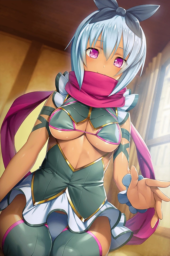 1girl bangs blue_hair blue_panties bow breasts center_opening cleavage_cutout closed_mouth clothing_cutout dress green_legwear grey_legwear hair_bow hand_up indoors irma looking_at_viewer official_art on_floor panties pink_eyes queen's_blade queen's_blade_unlimited queen's_blade_white_triangle scarf short_dress short_hair sitting skindentation smile solo tan thighhighs underboob underwear window